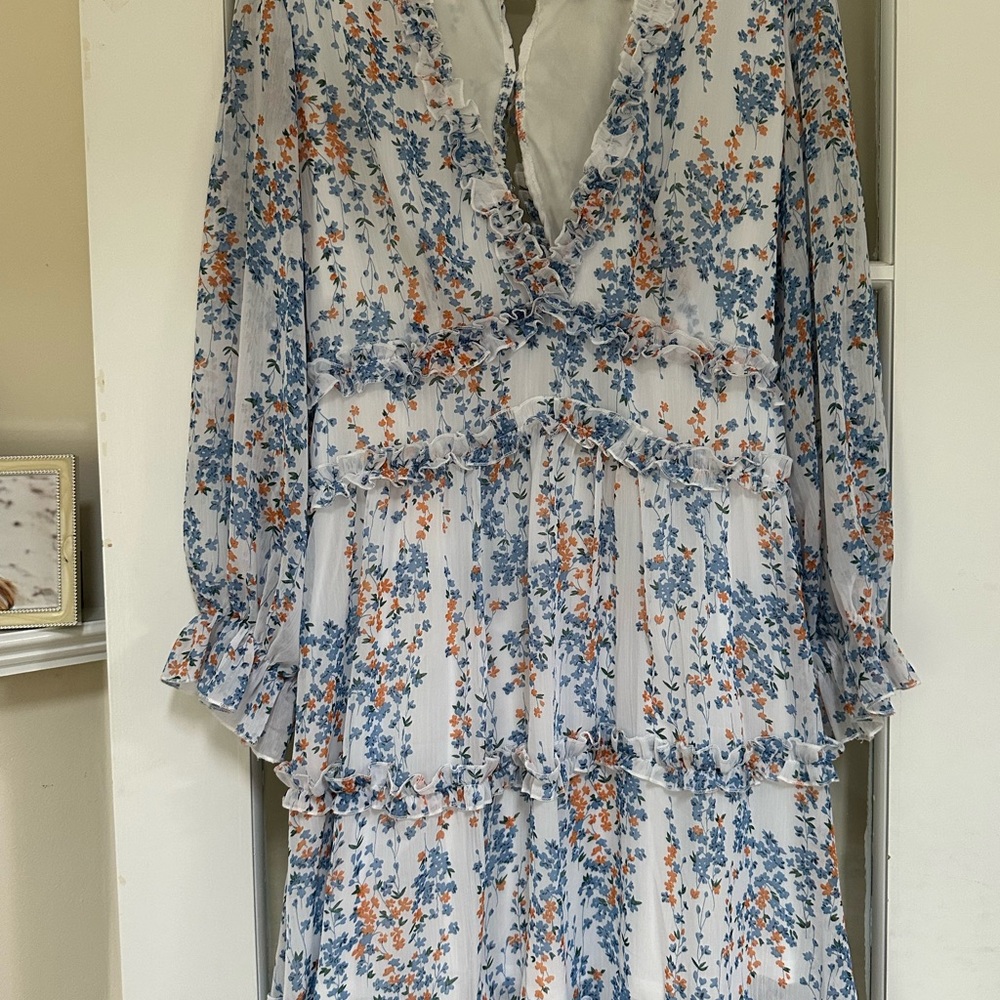 Blue Plunge Neck Bishop Sleeve Sundress